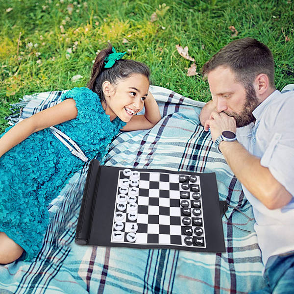 Chessæt Bærbar Rejsebrætsspil PU Læder Rulbar Chessæt til Børn og Voksne