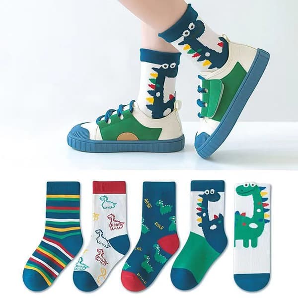 5 Par Barn Mellanvad Höga Ankelsockor Sött Tecknat Dinosauriemönster 6-8 År