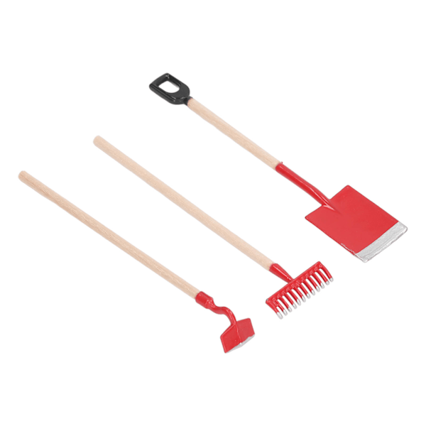 3-delt mini dukkehussett, miniatyr hagehåndverktøy, legering tre, rive spade modell dekorasjon, rød