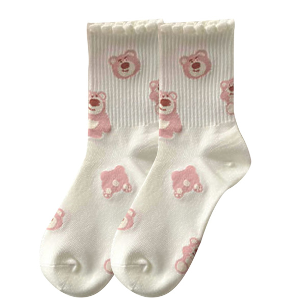 1 Par Damsockor med Björnar, Söta & Roliga, Cartoon Print, Preppy Stil, Polyester, Medium Hög, Rosa, Typ 7