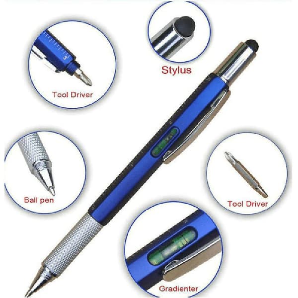 6 i 1 Multifunktionel Stylus Pen med Sort/Blå Refill Værktøj Tech Kuglepen med Klips Glat Silver Black Refill