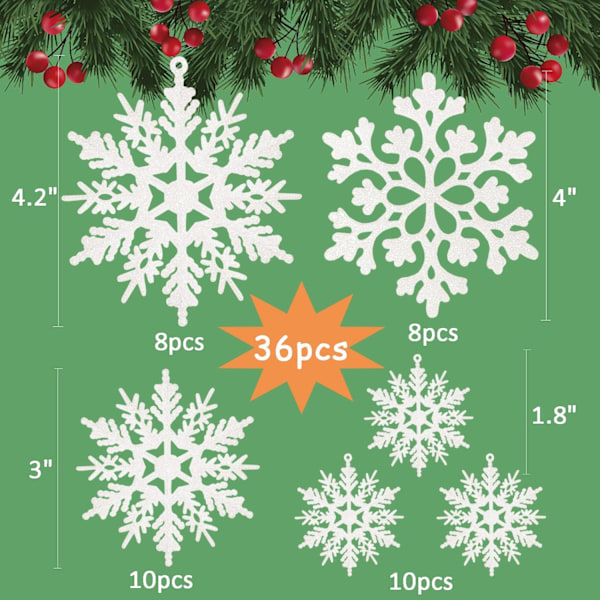 36 stk. Hvide snefnug ornamenter i plast med glimmer til vinterjuletræspynt i forskellige størrelser