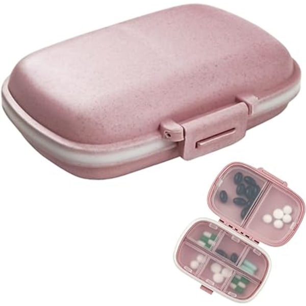 1 x reisepilleboks, 8 rom, bærbar liten pilleboks for håndveske, medisiner, vitaminer, rosa