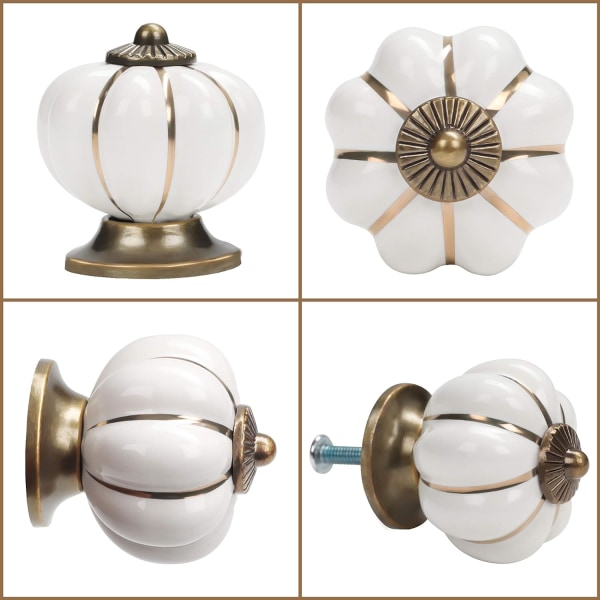 Vit och guld keramisk skåpknopp med pumpaskruvar (paket med 16) - 3,6 x 3,9 cm - Vintage rund skåpsknopp - för hem, kontor, köksskåp,