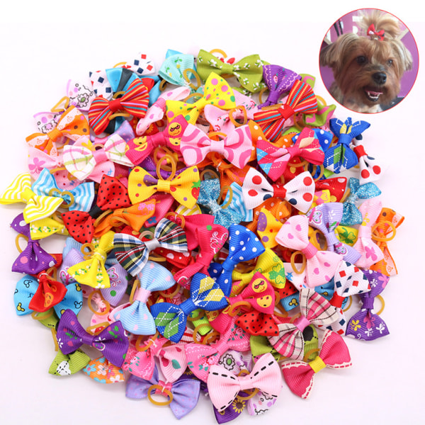 50-paks kæledyrshårsløjfer med gummibånd til små Yorkshire-hunde i forskellige farver