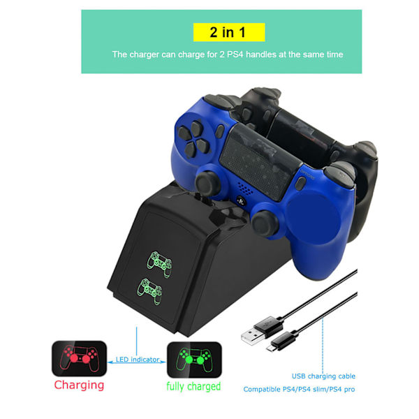 2-in-1 USB-kaksoislaturi teline latausasema PS4-ohjaimelle LED-valolla