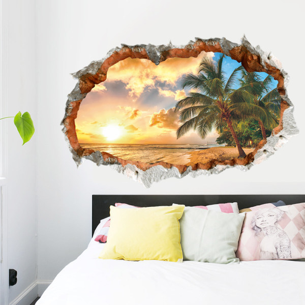 3D-väggklistermärken HOLIDAY ISLAND (60x90 cm) I självhäftande väggdekal landskap strand hav hav palmträd I Dekoration för vardagsrummet kök