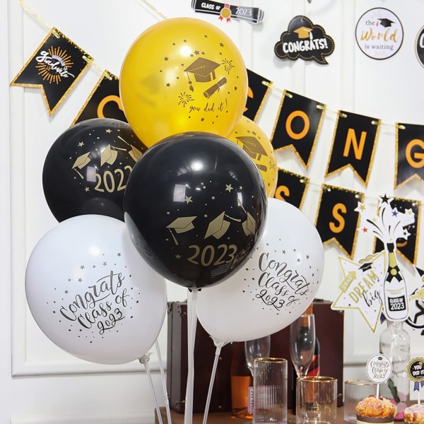 Graduation Balloon 2023, 15 stk. Ballonsæt Sort Guld Graduation Dekoration Printet Latex Balloon Deco til Ceremoni College Party