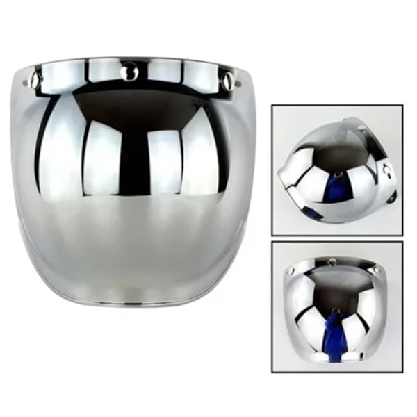 Retro Motorcykel Bubbla Visir med PC-lins & 3-Snapps Hjälm Vindruta Ramset - Silver Finish