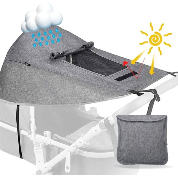 Barnevognsolskjerm (grå), universal med UV-beskyttelsestrekk, vanntett og regntett, barnevognsolskjerm