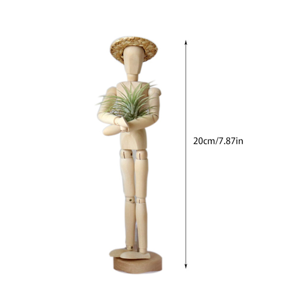 Bevegelig ledddukke dekorativ dukke luft ananas planteholder - Medium dukke + stråhatt Materiale: Lotus tre 20 cm