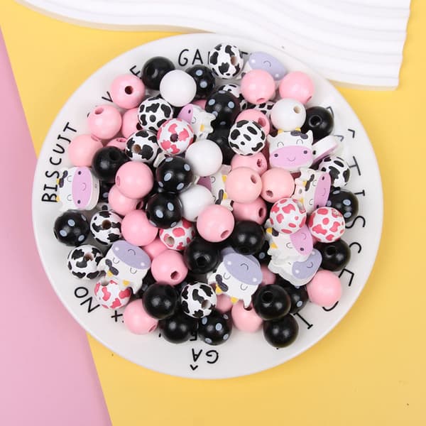 【bt02】80pcs Cow Pattern Silicone Beads, Round