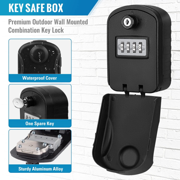 (Svart) Säkerhetsnyckelbox [Ny generation] Stort nyckelskåp utomhus med 4 nödkoder och nycklar Vattentät och rostsäker väggmonterad nyckellåda för skolan,
