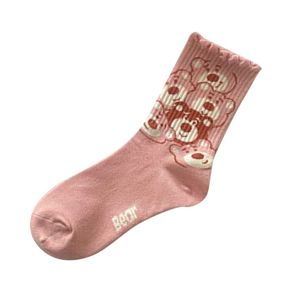 1 Par Damsockor med Björnar, Söta & Roliga, Cartoon Print, Preppy Stil, Polyester, Medium Hög, Rosa, Typ 6