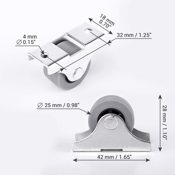 (Pakke med 20) 25 mm gummihjulsett Plast svingbare doble hjul metall med plate for møbler Hvitevarer og utstyr Små minihjul