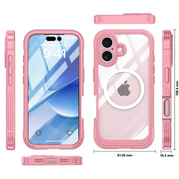 【bt02】For iPhone 17 Magnetic Case PC + TPU Phone Case with Tempered Glass Screen Protector Pink
