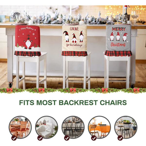 Joulun selkänojan tuolinpäälliset set , 3 kpl ruokasalin tuolinpäälliset joulukäyttöön liinavaatteet ruokapöydän tuolin selkäsuojat Gnome Elf Snowflake päivällistuolin päälliset