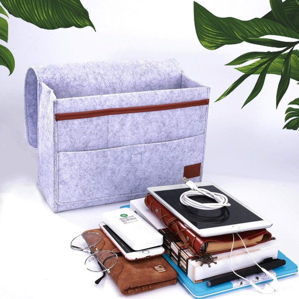 Grey-Caddy Organizer, Filt Bedside Caddy Bedside Pocket Opbevaringspose til telefon, fjernbetjening, dagbog, kuglepen, magasin, briller