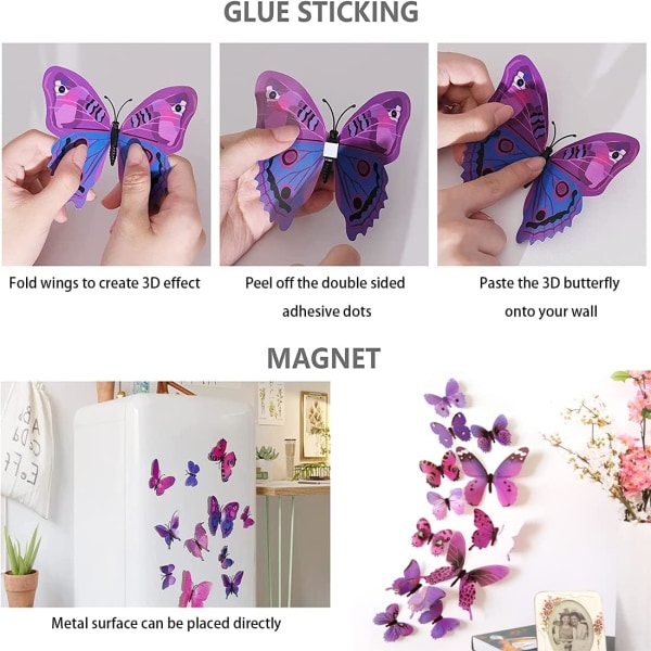 Violetti, 12 kpl 3D-perhoset seinätarrat perhoskoristeet juhliin, makuuhuoneeseen, kakkukoristeisiin, tytöille ja pojille