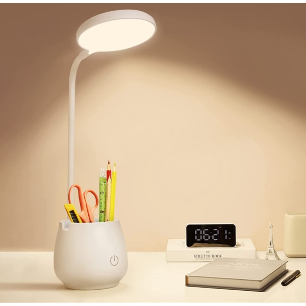 Skrivbordslampa för hemmakontor, liten laddningsbar LED-bordslampa med penna/telefonhållare, ögonvård liten skrivbordslampa, 3 färgljuslägen, USB nattljus