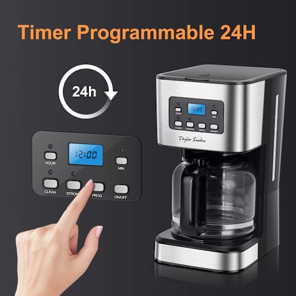 Kaffe-bryggare med timer, 1.5L Filterkaffe-bryggare 12 koppar, automatisk avstängning, droppstopp, återanvändbart filter och varmhållningsplatta, BPA-fri, svart