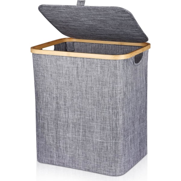 Laundry Hamper 60 L kokoontaitettava pyykkikori bambusta pyykkipukua pyykkilaatikko kannella ja kahvalla, suorakaiteen muotoinen likainen pyykkipussi likaisille vaatteille, 40