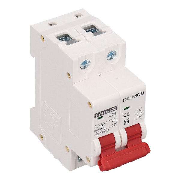 Miniaturskillebryder 2P, 20A med 6000A Afbrydelseskapacitet, PA66 Hus til Fotovoltaisk DC 1000V Applikationer