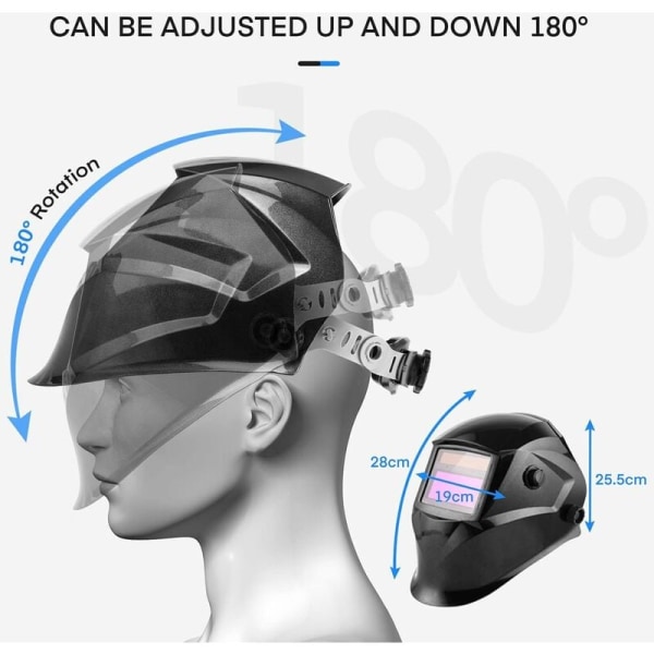 Automatisk svejsehjelm, svejsemaske, stort synsfelt: 96 x 48 mm, justerbart skærmområde DIN 9-13, med 2 sensorer og 5 linser, til TIG/MIG/Ar