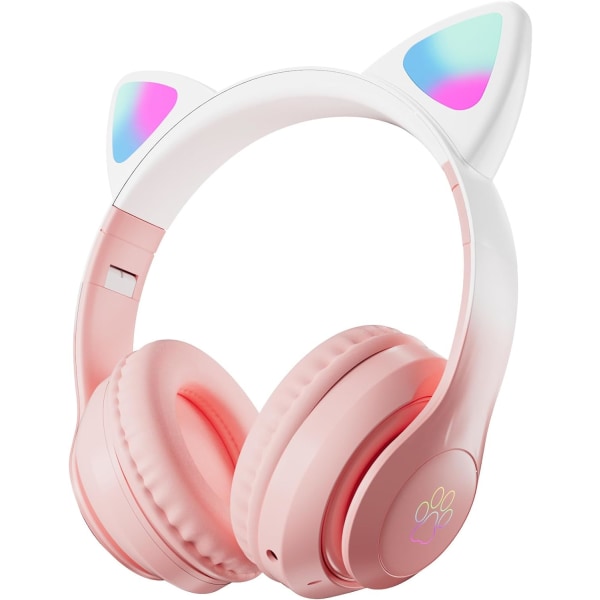 Vaaleanpunaiset lasten kuulokkeet, langattomat Bluetooth kuulokkeet lapsille teini-ikäisille aikuisille, over-ear Bluetooth kuulokkeet mikrofonilla, kissan korvakuulokkeet tytöille