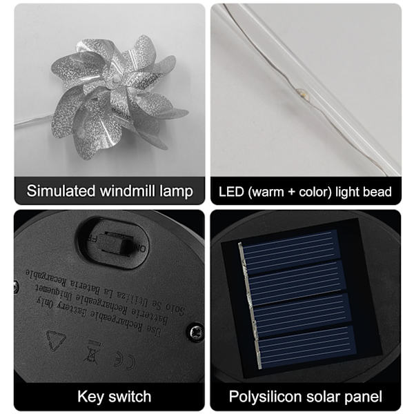(2 stk. i æske, 10*8*41CM) Have solcellelys magisk vindmøllelys-guld (7 LED'er, 1 farvet lys, 6 varme lys)