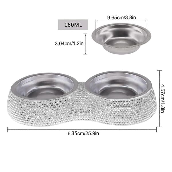 Rhinestone hundeskåle i rustfrit stål, dobbelt foder- og vanddispenser, kæledyrsartikler til hvalpe Silver