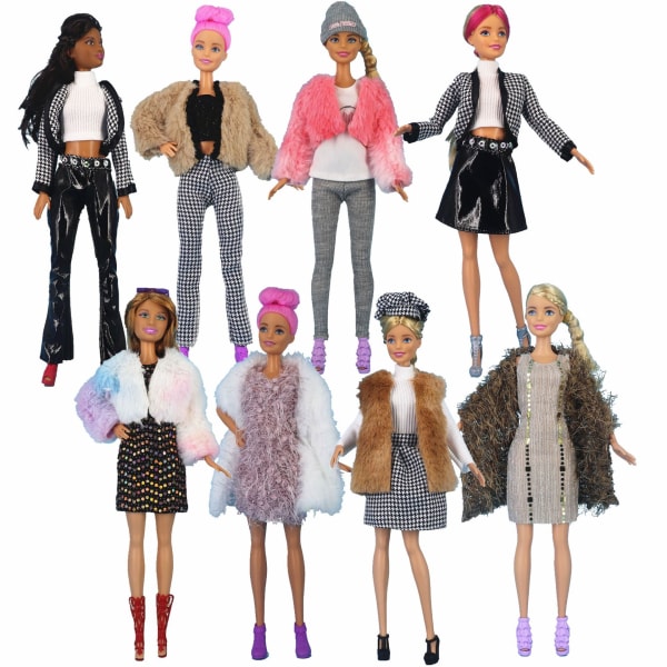 8 stykker 30cm Barbie dukkeklær Mote pelsgenser coa