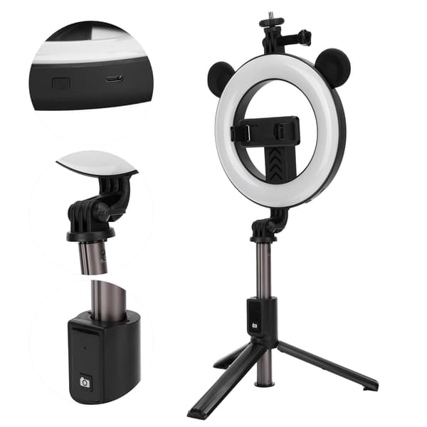 Bluetooth Selfie Stick med Ring Light Vikbart Stativ Trådlöst Skrivbordsfäste