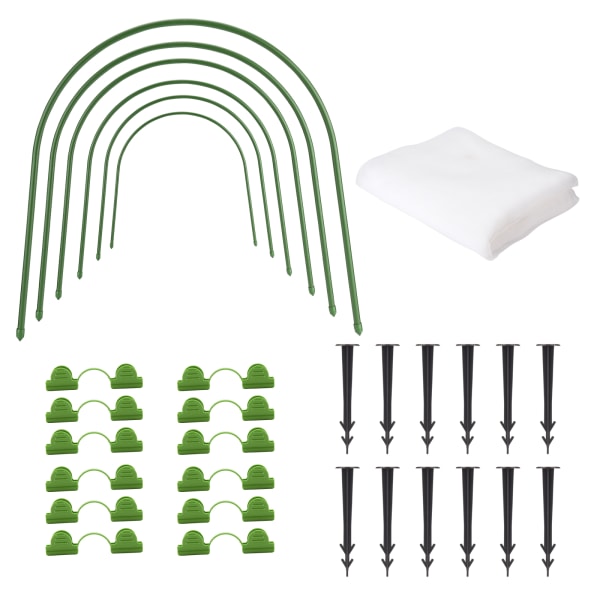 +12 stk. jordspiker (12 cm lang) + 12 stk. filmspenner (11 mm) + 1 stk. insektnett 60 mesh (6 m lang, 2 m bred) hagealbue sett