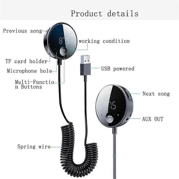 Bluetooth FM-sender for bil, Bluetooth AUX-adapter, Bluetooth-mottaker for bilmusikk/håndfri
