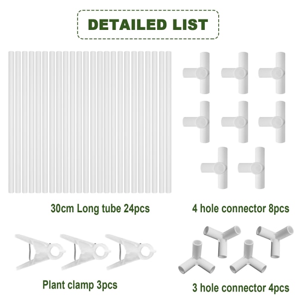 (Det hvide sæt indeholder: 24 rør + 8 4-huls interfaces + 4 3-huls interfaces + 3 clips) Planteklatrebeslag (pakkestørrelse: 35*18*10cm)