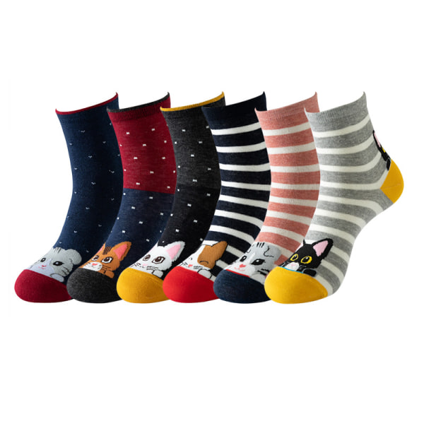6 par sokker kvinders mellemrør Nyt kattemønster damesokker bomuldsstrømper Casual stribede strømper (one størrelse)