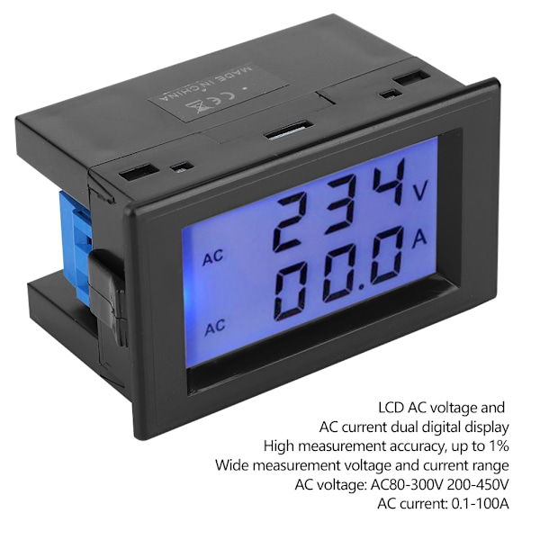 D85-2042A Kaksois-LCD Jännite- ja Virtamittari, AC 80-300V & 200-450V, Mittaa 0,1-100A Virtamuuntajalla