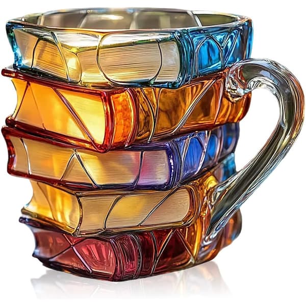 [02]3D-målad bokstapelglaskopp, unik litterär kaffemugg som läspresent