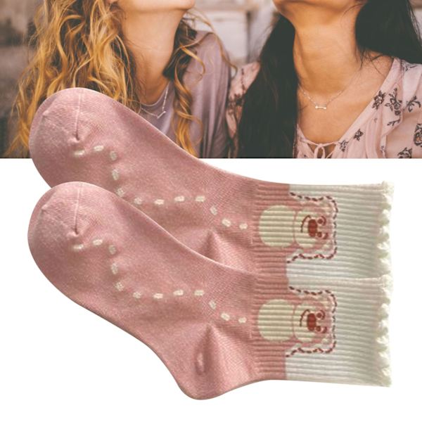 1 Par Damsockor med Björnar, Söta & Roliga, Cartoon-Print, Preppy-Stil, Polyester, Medium Hög, Rosa, Typ 1