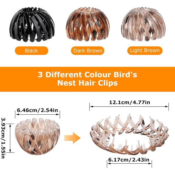 3 ST Hårband Fågelbo Form Automatisk hårklämma Hästsvanshållare Spännen Infällbara hårspännen för kvinnor Flickor