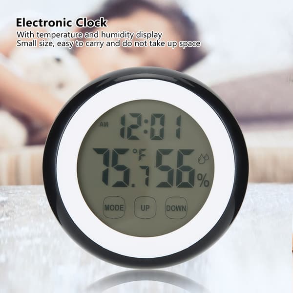 Rund Digital Väckarklocka med Temperatur Luftfuktighet Display Touch Kontroll Hushåll