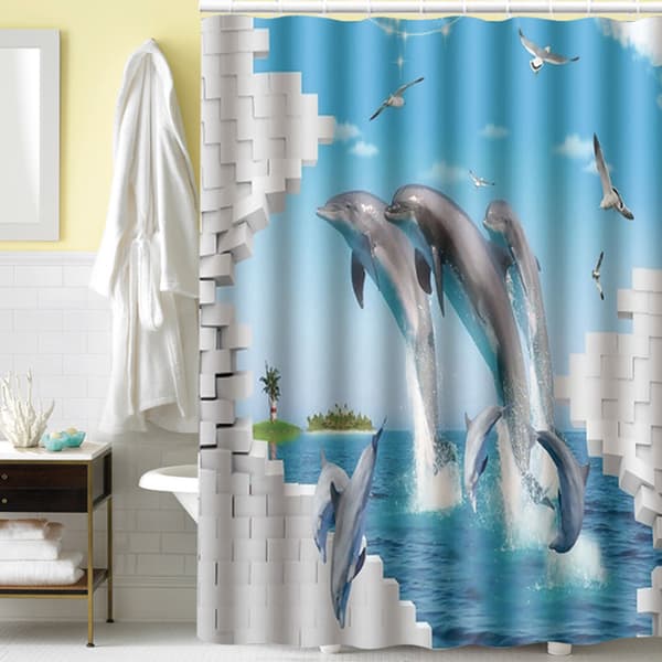 180x180cm Vattentätt Duschdraperi i Polyester med Delfintryck för Badrumsinredning