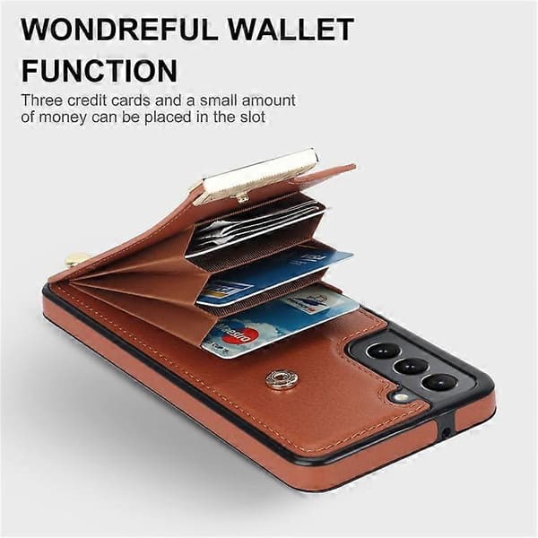 Compatible with Samsung Galaxy S21 FE 5G Mobile Phone Case, Drop-Proof Card Holder Case with Hardware Decoration Brown