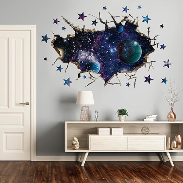 3D Cosmic Blue Galaxy Väggdekaler, Broken Wall Planet Universe Space DIY Dekorativt klistermärke, Vintergatan Heminredning för väggmålning Vardagsrum Sovrum