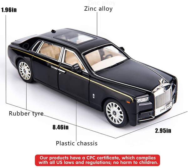 [02]1/24 Rolls-Royce Phantom modelbil, zinklegering træk tilbage legetøj diecast legetøjsbiler med lyd og lys til børn dreng pige gave (sort)