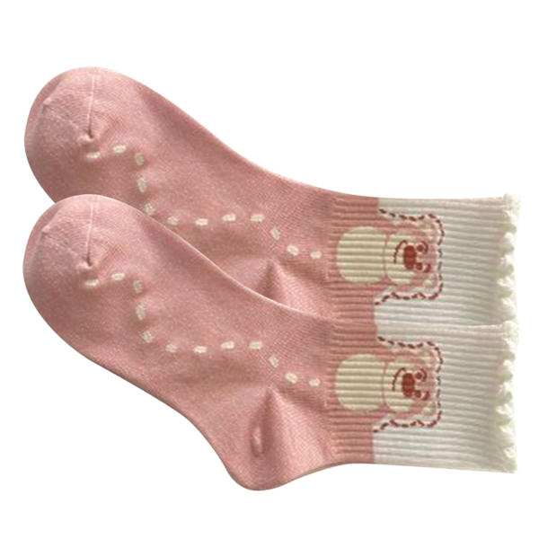 1 Par Damsockor med Björnar, Söta & Roliga, Cartoon-Print, Preppy-Stil, Polyester, Medium Hög, Rosa, Typ 1