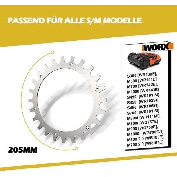 Ensiluokkaiset ruostumattomasta teräksestä valmistetut nastat Worx Landroid Model S/M -ruohonleikkurille, paksuus 2 mm, parempi pito - kiillotettu jäysteenpoisto - Pyörän halkaisija: 205 mm