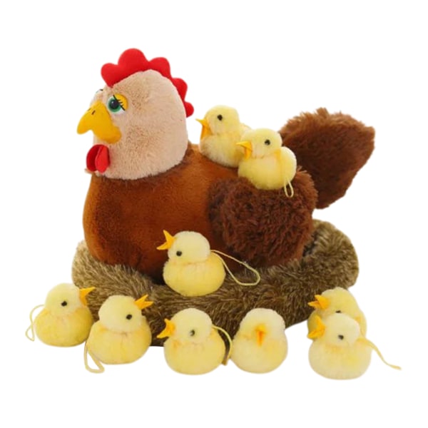 Påskhöna familjen chick docka plysch leksakshöna + hönshus (tyst) + 10 kycklingar