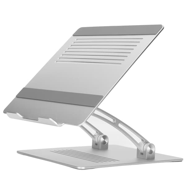 Justerbart, bærbart laptopstativ i aluminiumslegering med kølebeslag til notebook-computer, sølv